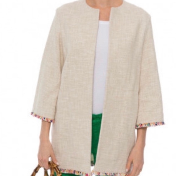 Vilagallo Womens Juliet Beige Cotton Blend Coat Multicolored Fringe Sz XS Resort - Picture 1 of 16